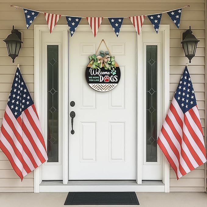 GOSSBY Interchangeable Welcome Sign for Front Door - WE HOPE YOU LIKE DOGS - Seasonal Rustic Wood Wreath - Hanging Wall Sign Decoration for Outside, Porch, Farmhouse - New Home, Housewarming Gift