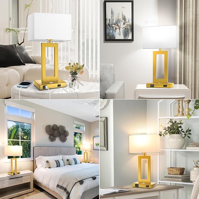 3 Color Temperatures Touch Control Table Lamps Set of 2, Stepless Dimmable Bedside Lamps with 2 USB Ports&AC Outlet, Modern Nightstand Lamps for Bedroom Living Room, Bulbs Included, Gold&White