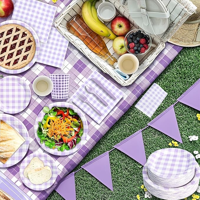 180Pcs Purple Gingham Party Supplies Paper Plates and Napkins Serve 60 Disposable Tableware Set for Birthday Party Decorations Game Day Family School Holiday Sports Events