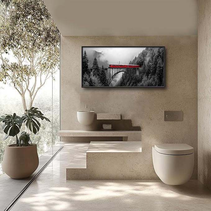 Olivine Train Large Wall Art, Black and White Pictures Wall Decor, Train Painting, Landscape Canvas Prints, Framed Artwork for Men Dining Room Living Room Bedroom Bathroom Home Decoration 60"x30"