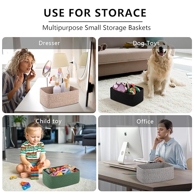 4 Pack Small Storage Shelf Baskets for Organizing, Mini Woven Rope Storage Bins for Towels, Cute Decorative Closet Organizer,Baby Nursery, Gift Empty Baskets -11.81''Lx7.87''Wx4.72''H-White