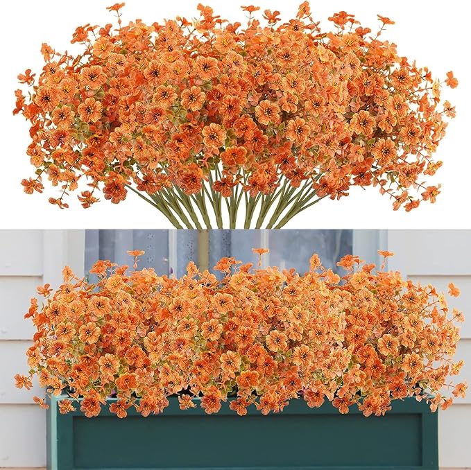 Agusbagli 24Pcs Artificial Fall Flowers Outdoor Autumn Fake Flowers UV Resistant Faux Plastic Greenery Shrub Plant for Wedding Home Garden Window Box Fireplace Thanksgiving Christmas Decor Orange