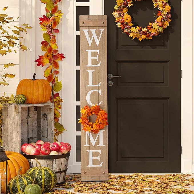 Glitzhome Welcome Sign with 4 Interchangeable Floral Wreaths for Front Door Porch, Farmhouse Wooden Hanging Wall Sign for Seasons Spring Fall Harvest Thanksgiving Christmas, 60”H, Natural