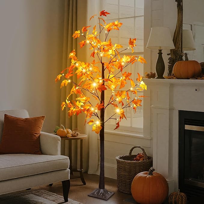 DR.DUDU 5 FT Fall Decorations for Home, Lighted Fall Maple Tree with LED Lights - Artificial Autumn Trees for Indoor/Outdoor Decor, Porch, Patio, Thanksgiving Seasonal Decor