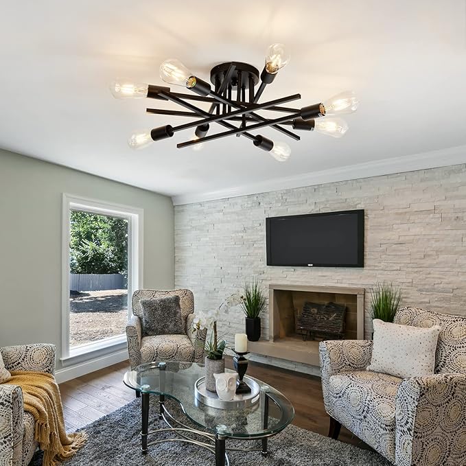 ASGYISA 8-Lights Semi Flush Mount Ceiling Light Fixture,Modern Black Vintage Metal Sputnik Chandelier, Ceiling Lamp for Bedroom Kitchen Dining Room Living Room with E26 Bulb Base