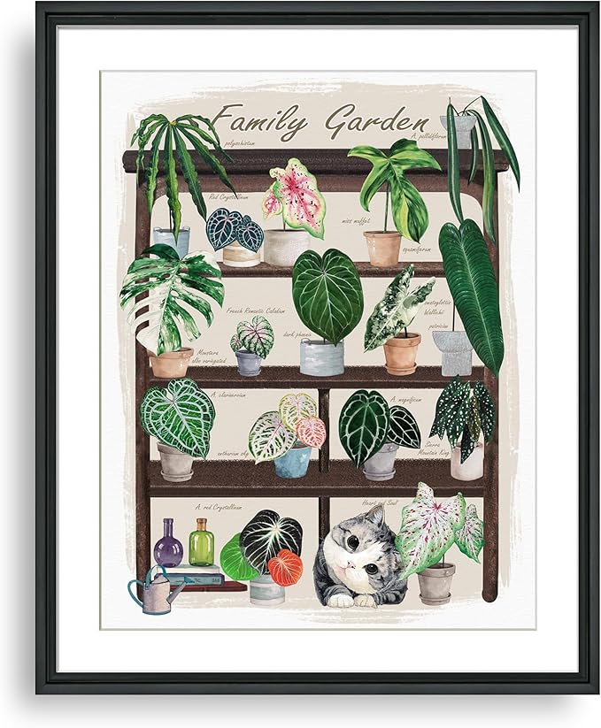 TimAsh Unframed Funny Cat Botanical Wall Art Family Garden Modern Green Plant Decor Tropical Boho Style Cute Kitten Canvas Prints for Bedroom Bathroom Living Room 16'' x 12''