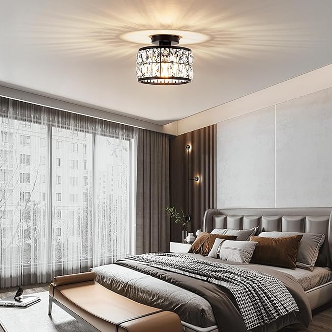 Crystal Ceiling Light Fixture, Modern Semi Flush Mount Ceiling Light,Crystal Chandelier for Kitchen Bedroom Bathroom Entryway, Black Finish