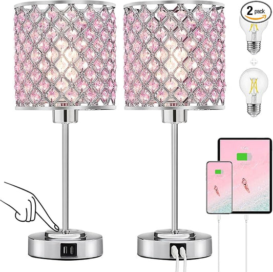 Pink Crystal Table Lamp Set of 2, Bedside Table Lamps 3-Way Dimmable Touch Nightstand Lamp with USB-C+A Charging Ports Night Lights Decorative Accent Lamp for Bedroom, Living Room, Office, Girls Room
