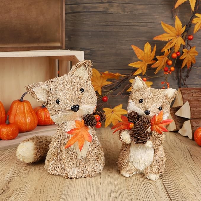 winemana Fall Decor Thanksgiving Decoration Sisal Fox, Set of 2 Table Centerpiece Foxes Animals Figurines, Handmade Ornaments Autumn Fall Decorations for Home Mantel Fireplace