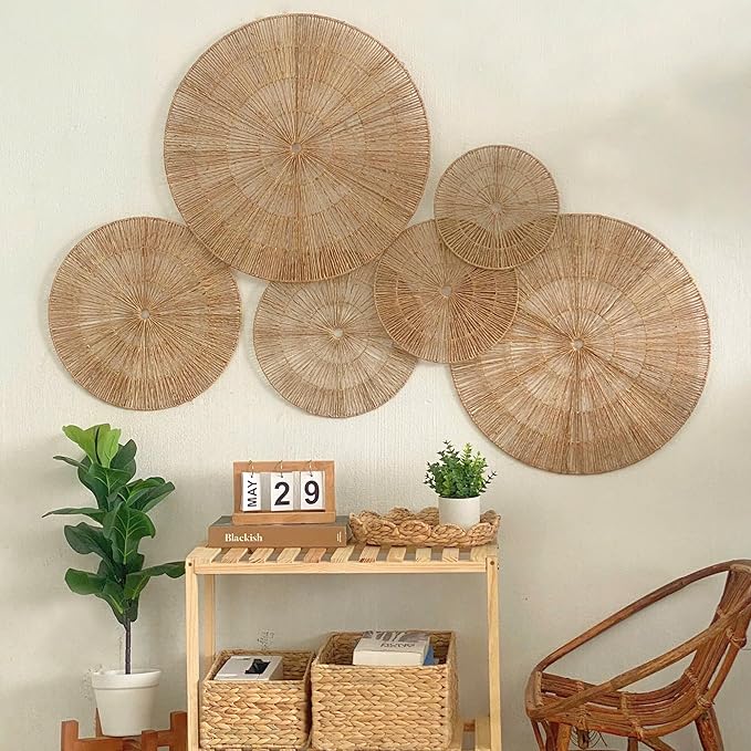 21.6 inch Wicker Wall Decor Set – Boho Wall Basket Decor with Jute Rope, Large Circle Wall Baskets, Natural Woven Wall Art for Living Room Bedroom, Decorative Seagrass Wall Hanging