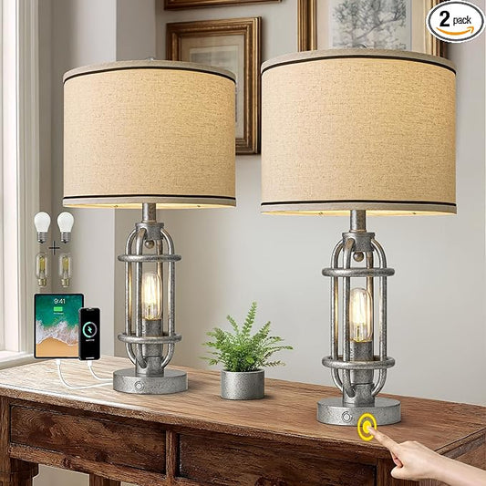 23.75'' Table Lamps Set of 2 for Living Room Bedroom Industrial Farmhouse Metal Touch Lamps with USB A+C Ports, Night Light Vintage Nightstand Bedside Lamp, Bulbs Included, Antique Silver