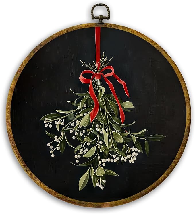 CUANFDDSF Vintage Christmas Mistletoe Round Wall Art Decor, Xmas Holiday Red Bow Mistletoe Botanical Wall Hanging Frame Decor, Elegant Christmas Canvas Prints Decorations for Home Bedroom, 10x10 Inch