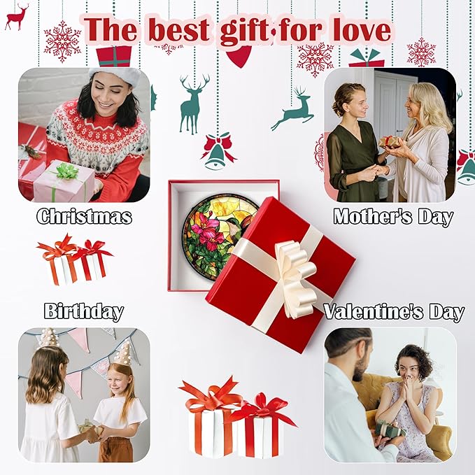 Stained Glass Suncatcher, Hummingbird Red Flowers Green Leaves Sun Catcher Stain Glass Window Hanging Decoration Mother's Day Birthday Gifts for Bird Lover Women Men Mom Nana 6.3 in