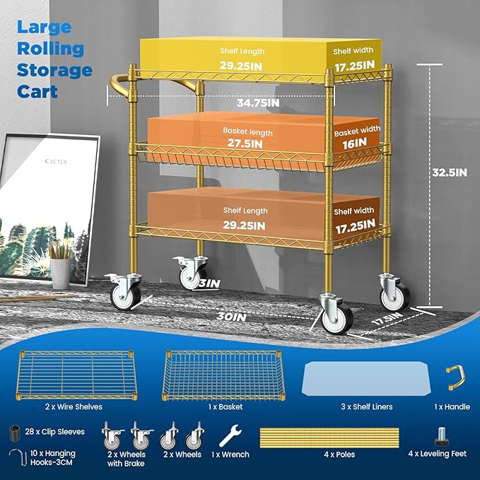 Leteuke 3 Tier Rolling Carts with Wheels,Heavy Duty Utility Bar Cart,NSF Commercial Grade Metal Cart with Handle&Shelf Liner,Trolley Serving Cart for Kitchen,Restaurant,Plant Display,Gold