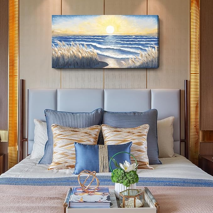 Ocean Canvas Wall Art for Living Room Seaside Sunset over the Beaches Coastal Reeds Blue Sea Waves Calm Seascape Painting Seashore Nature Landscape Artwork for Home Bedroom Office Decor 48x24inch