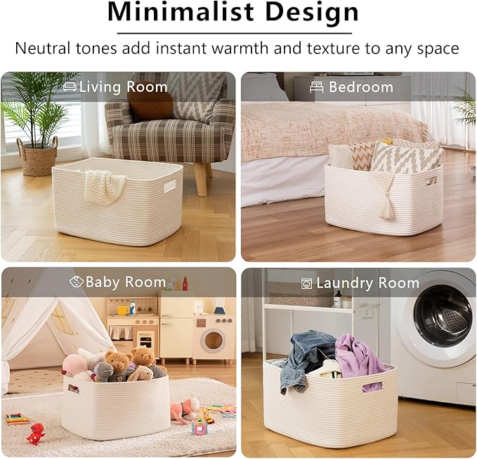 OIAHOMY 75L Large Blanket Basket, Woven Cotton Rope Baskets for Organizing, 22”x17”x12”, Blanket Basket living Room, Bedroom, Nursery, Dog Toy Storage Bins, White