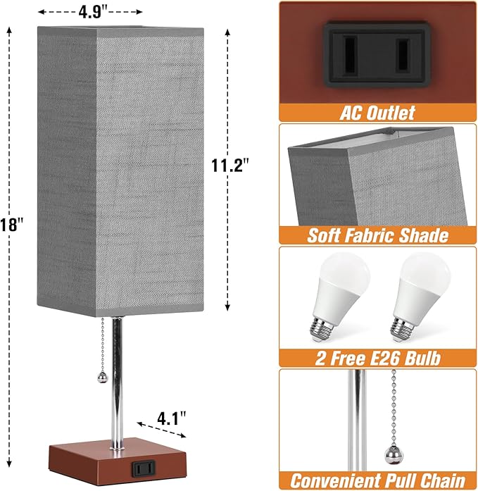 Table Lamp for Bedroom Set of 2, Bedside Lamps with 3 Color Temperatures Night Light, Lamp for Night Stands with AC Outlet and Square Shade, Pull Chain Small Desk Lamp for Living Room Home Decor