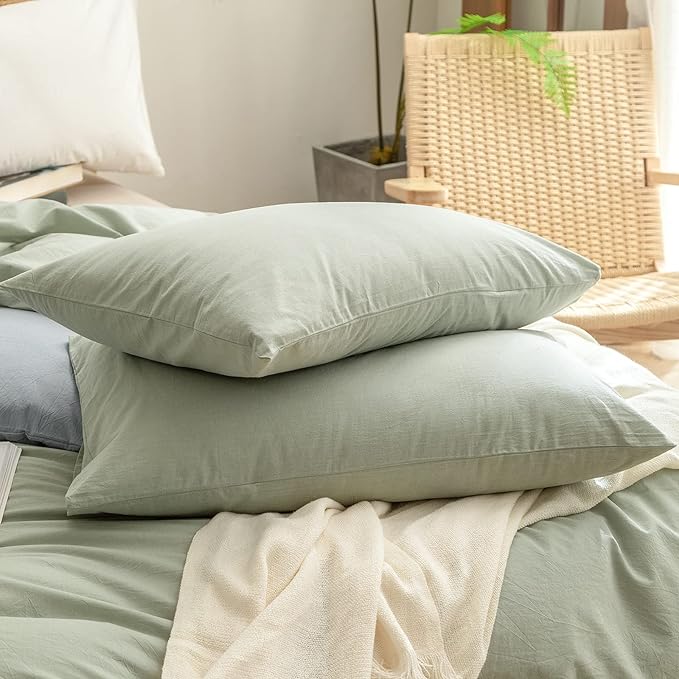 BESTOUCH Duvet Cover Set 100% Washed Cotton Linen Feel Super Soft Comfortable Chic Lightweight 3 PCs Home Bedding Set Solid Sage Green Oversized King