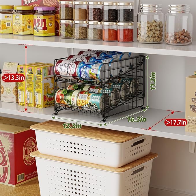 JKsmart 2 Pack 2 Tier Stackable Can Organizer for Pantry, Can Rack Holder for Kitchen Pantry Cabinet, 16inch Depth Can Dispenser for Various Ounces of Canned Food Soda Drinks, Black
