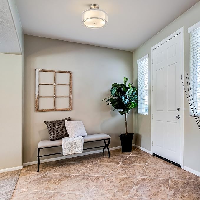 VONLUCE Semi Flush Mount Ceiling Light, 13'' Ceiling Light Fixture with 2-Layer Fabric Shade, 3-Light Modern Drum Light Fixture for Bedroom Living Room Entryway Hallway, White Shade & Nickel Finish