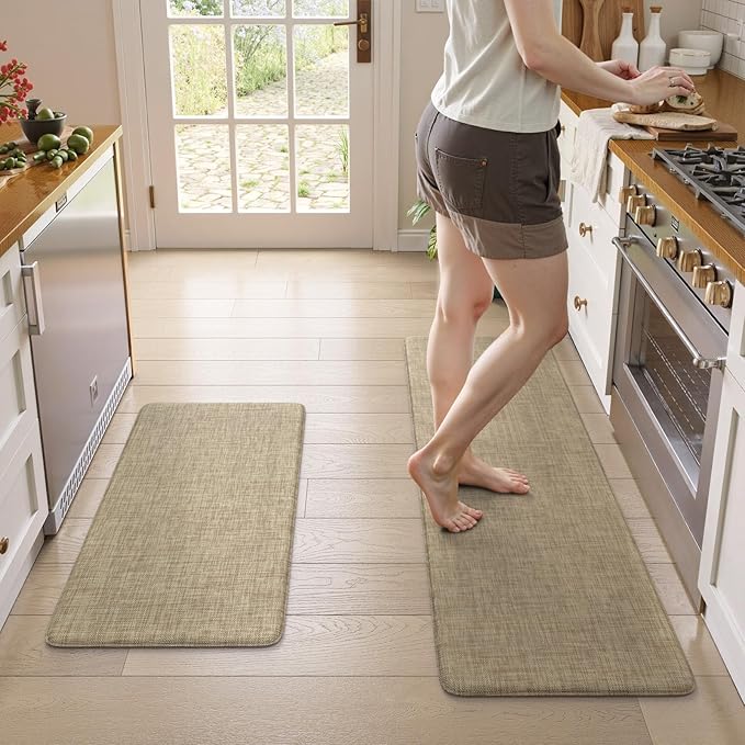 KIMODE Anti Fatigue Kitchen Mats, 17"x47"+17"x29" Farmhouse Kitchen Rugs Sets of 2, Non Slip Kitchen Mats for Floor, Cushioned Kitchen Floor Mats for Sink Laundry Office Desk Light Brown