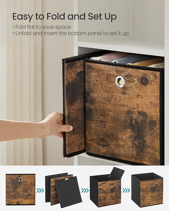 SONGMICS Storage Cubes, Set of 8 Storage Bins, Foldable Fabric Storage Boxes, 10.2 x 10.2 x 11 Inches, Fit Cube Storage Unit, for Clothes, Bedroom, Living Room, Rustic Brown and Ink Black URFB826B01