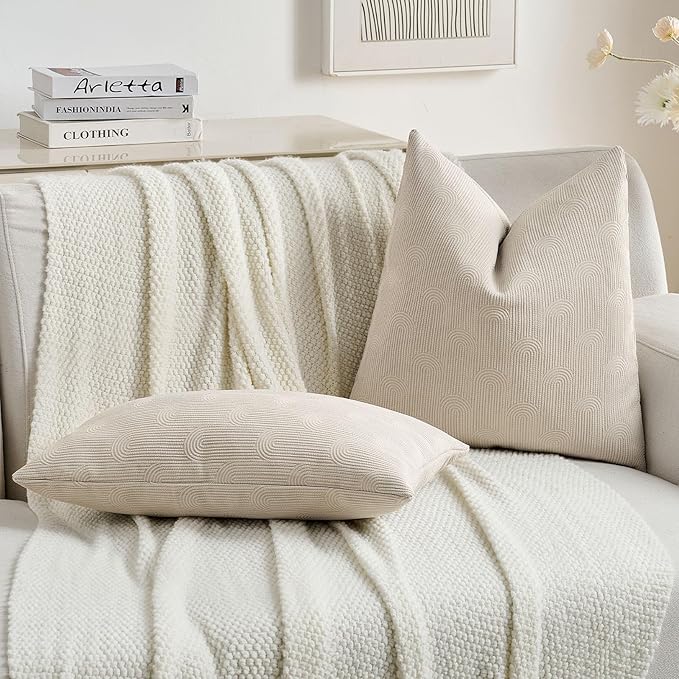 FUTEI Beige Chenille Decorative Throw Pillow Covers 20x20 Inch Set of 2,Soft Cozy Striped Geometric Patterns Cushion Case,Modern Home Decor for Couch Bed Living Room