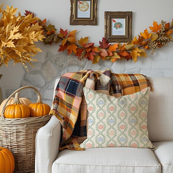 Fall Decorative Throw Pillow Covers 18x18 Inch Set of 2 Blue Orange Pumpkin Green Scalloped Pastel Outdoor Cottage Autumn Decor Pillows Cases Grandmillennial Decorations for Home Room Couch