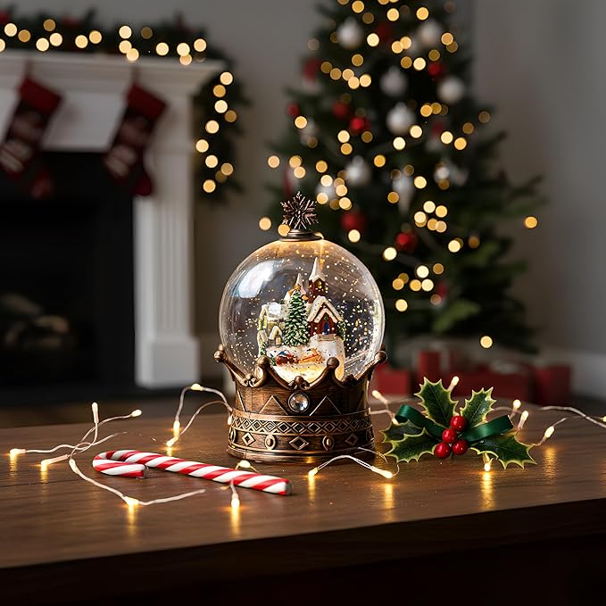 Christmas Snow Globe Lantern Water Glittering Village & Santa Crown with Music, USB Lined/Battery Operated Lighted Lantern for Christmas Festival Decoration Gifts