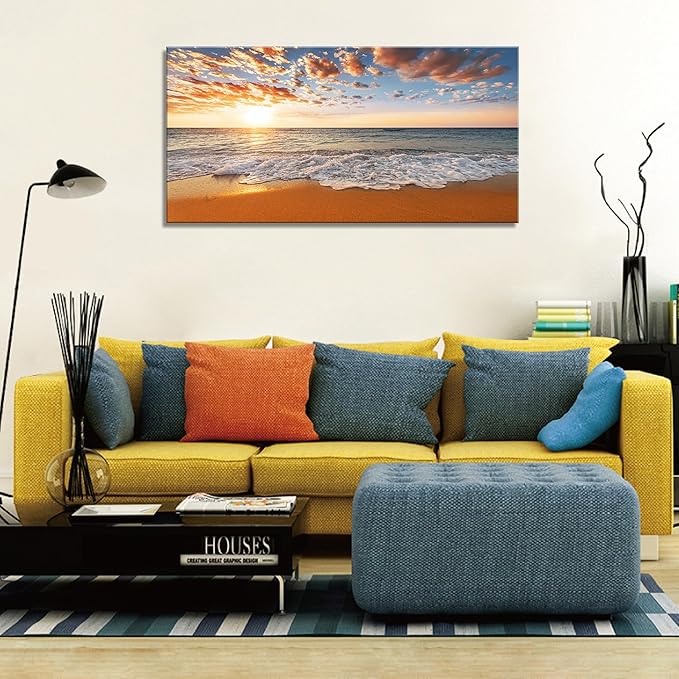YYYYHPP YP2175 Beach Wall Art Morning Sunrise Sky Ocean Beach Waves Scenery Modern Painting Artwork for Office Wall Decor Home Decoration Stretched and Framed Ready to Hang