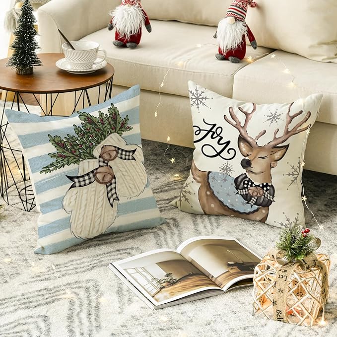 AVOIN colorlife Christmas Snowman Reindeer Gloves Eucalyptus Blue Throw Pillow Covers, 18 x 18 Inch Winter Holiday Stripes Cushion Case Decoration for Sofa Couch Set of 4