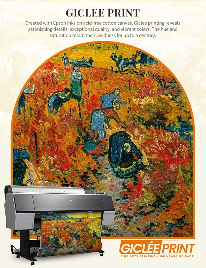 DECORARTS - The Red Vineyards, Vincent Van Gogh Art Reproduction. Acid Free Cotton Canvas Giclee Print w/Bronze Frame&Mat for Wall Decor.