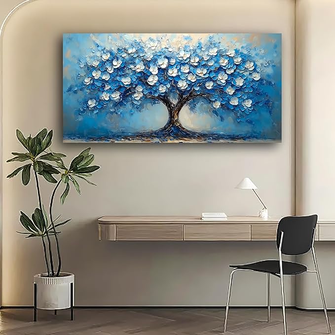 Abstract Wall Art Canvas Print Tree of Life Painting Blue Bathroom Decor Paintings Modern Style Living Room Bedroom Office Home Kitchen Decor Nature Landscape Artwork Wooden Frame 20x40 inches