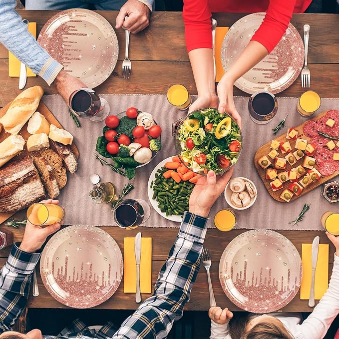 50PCS Rose Glitter Paper Plates - 7inch Pink Gold Diamond Birthday Dessert Plate for Cake Salad Pizza Disposable plates Supplies for Girls Women Mermaid Anniversary Birthday Wedding Theme Party