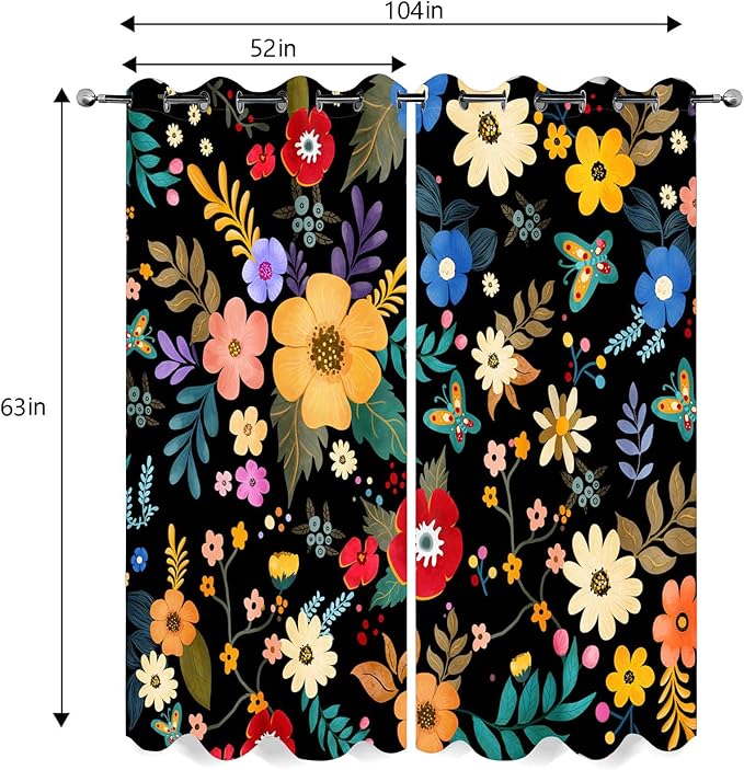 Colorful Flowers Floral Curtain Boho Pile Flowers Halloween Spring Summer Decor Women Girls Wife Mom Kids Bedroom Nursery Kitchen Dining Living Room Darkening Grommet Window Drapes 2 Panels, 52"x63"