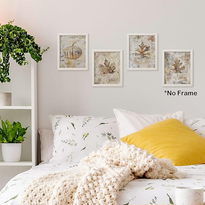 TLESKE Vintage Fall Leaves Pumpkin Posters Prints Unframed 8x10 Set of 4, Autumn Rutsic Maple Oak Leaf Wall Art Prints Decor for Farmhouse Bedroom Living Room, Thanksgiving Wall Pictures