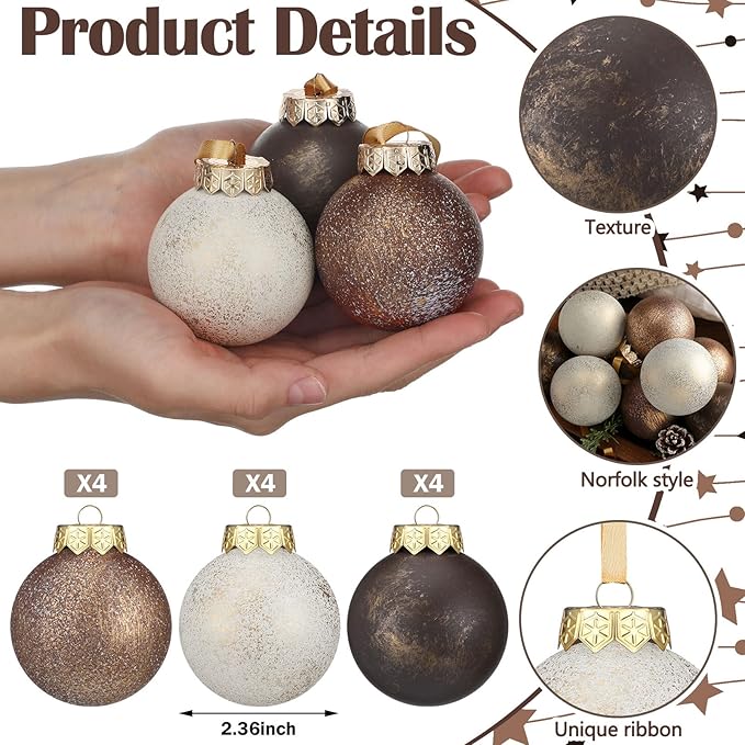 12 Pcs Neutral Textured Christmas Ball Ornaments 2.36'' Vintage Christmas Tree Decor Modern Rustic Brown Ornaments with Loop Shatterproof Hanging Ball for Xmas Farmhouse Decor (Dark Brown)