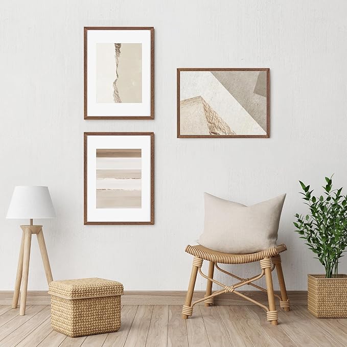 12x16 Picture Frames, Solid Oak Wood 12"x16" Picture Frame - Tempered Real Glass, 12x16 Frame Matted to 8.5x11, 12 x 16 Photo Frames for Wall, Rustic Wall Gallery Frame (Walnut Color, 3 Pack)