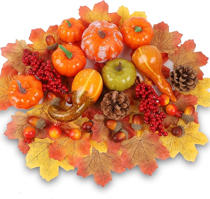 winemana 57pcs Fall Decorations for Home - Small Pumpkins for Decorating with Fake Leaves, Gourds & Pinecones -Thanksgiving Decor for Table Centerpiece Indoor Room Autumn Harvest Decor