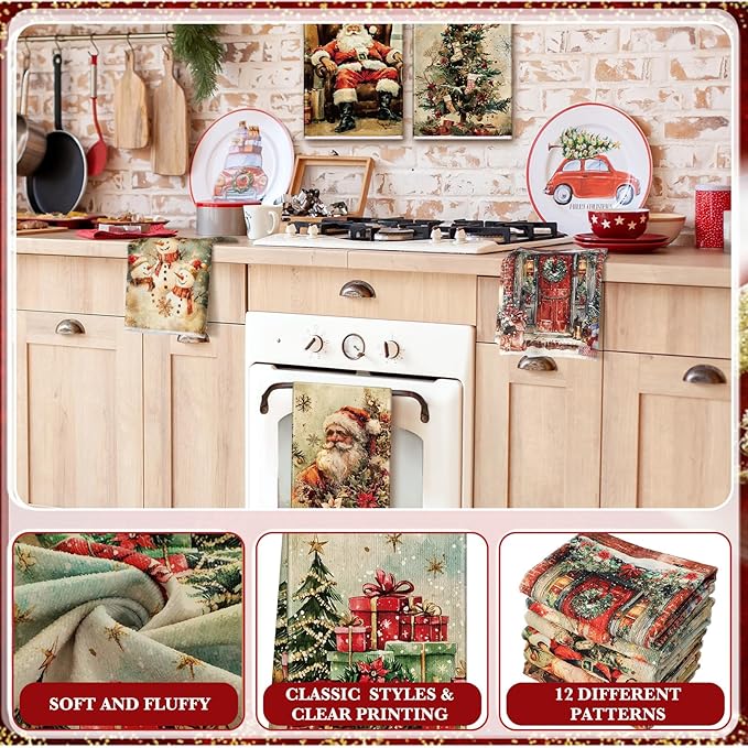 12 Pcs Christmas Kitchen Towels and Dishcloths Absorbent Christmas Tree Reindeer Truck Hand Dish Towels Decoration for Xmas Home Gift Supplies, 14.2 x 21.3 Inch (Vintage Fashion)