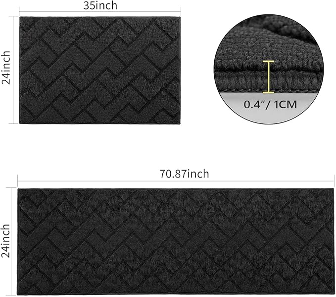 hicorfe Kitchen Rugs and Mats Sets,2 Pieces Super Absorbent Polypropylene Non-Slip Rug,Soft Comfort Floor Mat,Washable for Kitchen,Hallway,Office,Sink,Laundry(24" x 35"+24" x 71",Black)