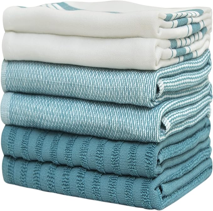 Premium Kitchen Towels (20”x 28”, 6 Pack) – Large Cotton Kitchen Hand Towels – Flat & Terry Towel – Highly Absorbent Tea Towels Set with Hanging Loop (Aqua)