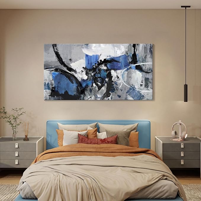 Abstract Canvas Wall Art: Large Wall Art Paintings for Living Room, Modern, Framed Artwork in Blue and Black -Bedroom, and Office Decorations for Work - Pictures for a Stylish Wall Decor