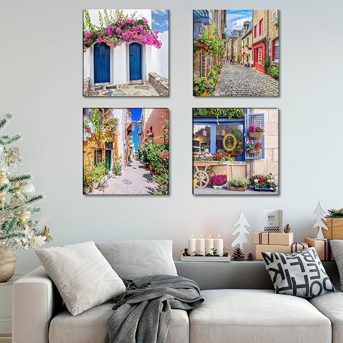 Italy Tuscan Wall Art, Colorful Nature Scenic Framed Pictures Canvas Prints, Modern Town Street Artwork Paintings for Living Room, Bedroom, Office Wall Decor 16"x16"