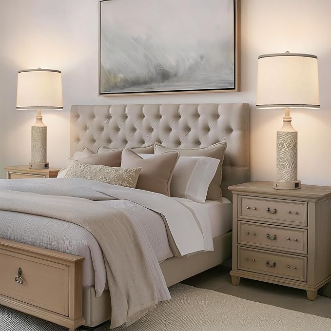 AIDENOEY 27.5" H 3-Way Dimmable Touch Control Table Lamp with USB A+C Ports, Vintage Washed White Finish Resin Bedside Farmhouse Table Lamp Set of 2,for Living Room,Bedroom,Office