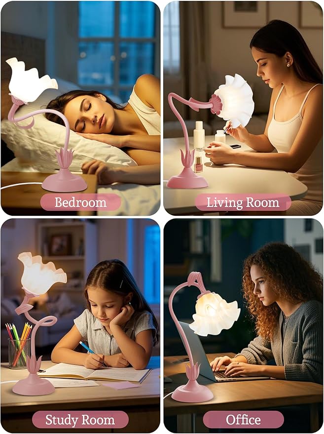 Flower Table Lamp Bedside Lamps LED Reading Light,3 Color Modes Cute Small Lamp,Vintage Flower Lamp Nightstand Lamp Kawaii Table Lamp for Bedroom Living Room Office Dorm Desk Home Decor (pink lamp)