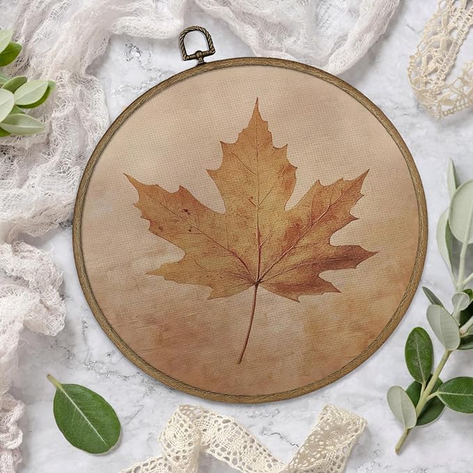 Gnmduw Fall Leaf Wall Art Framed, Fall Wall Decor, Rustic Thanksgiving Autumn Round Hanging Wall Decor, Halloween Autumn Canvas Prints Art for Cottage Core Living Room Bathroom Bedroom, 10x10 Inch