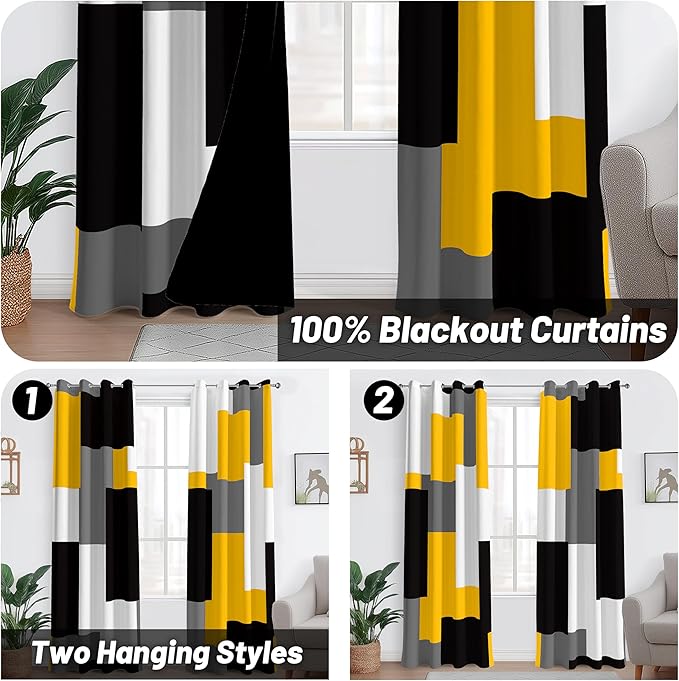 Yellow 100% Blackout Curtains for Bedroom 108 inch Extra Long 2 Panels Set Mustard Yellow Grey Modern Abstract Geometric Black Out Curtains Room Darkening Window Drapes for Living Room, 52Wx108L