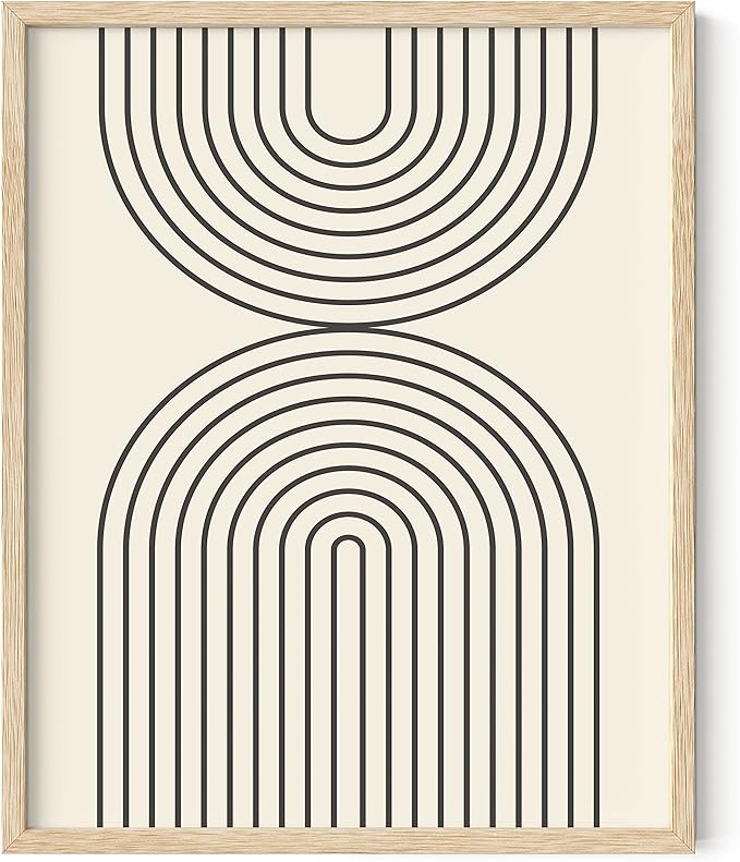 HAUS AND HUES Neutral Wall Art Prints for Wall Decor - Boho Art Wall Prints Mid Century Modern Decor Line Art and Geometric Wall Decor Black Semi Circles Reflected (16x20 Framed Beige)