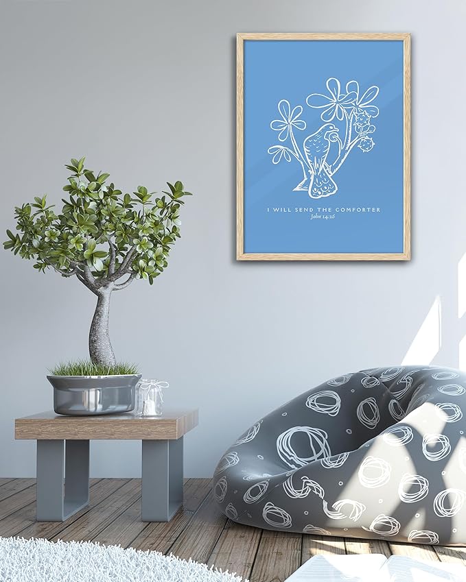 EcoHest Large 16x20in OAK Wood Framed Wall Art, John 14:16 I Will Send The Comforter Bible Verse Christian Canvas Wall Decor, Blue Jesus Prints for Bedroom Living Bathroom Religious Gift 1 Pack